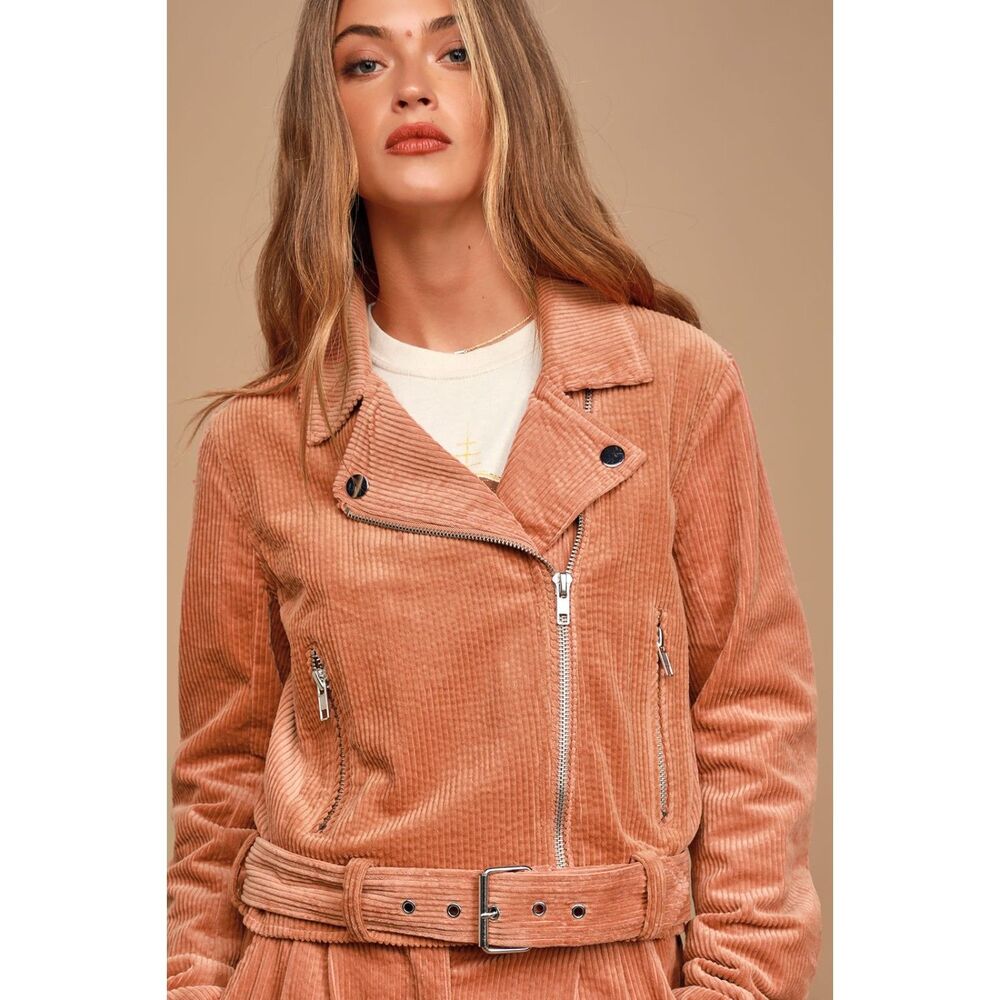 Lulu's Meet Me in Midtown Terra Cotta Corduroy Cropped Moto Jacket Orange Sze XS